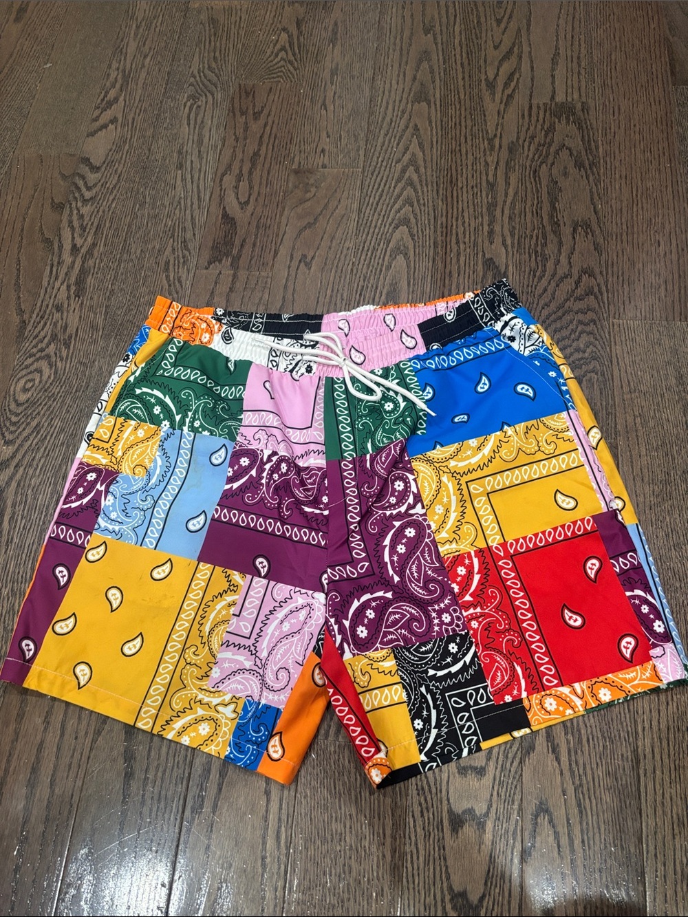 Men's Patchwork Bandana Print Swim Shorts - Multicolor
